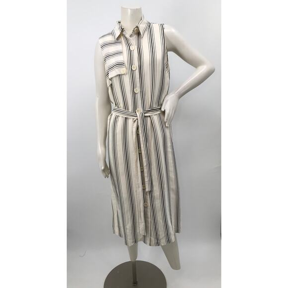 Maeve Anthropologie Ivory Black Striped Sleeveless Belted Shirt Dress Size 8